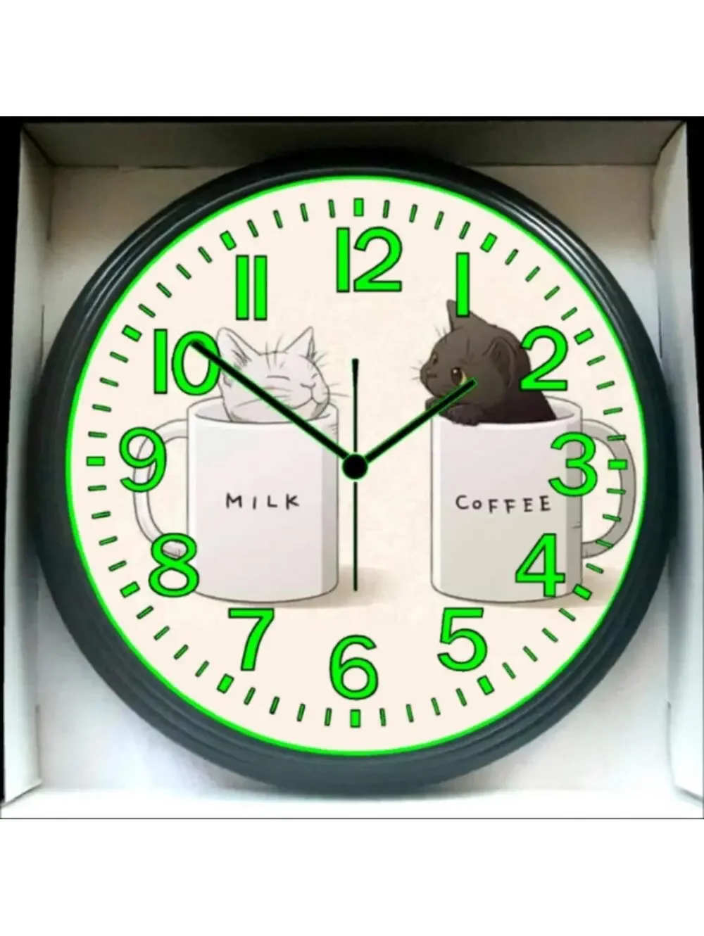 Milk Coffee Cat Kitty Glow In The Dark Wall Clock New!